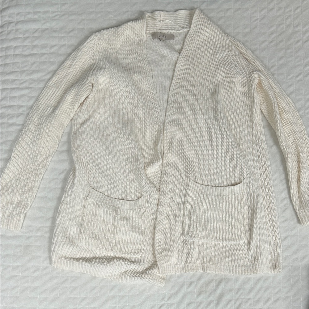 LOFT Ivory Open-Front Ribbed Pocket Cardigan